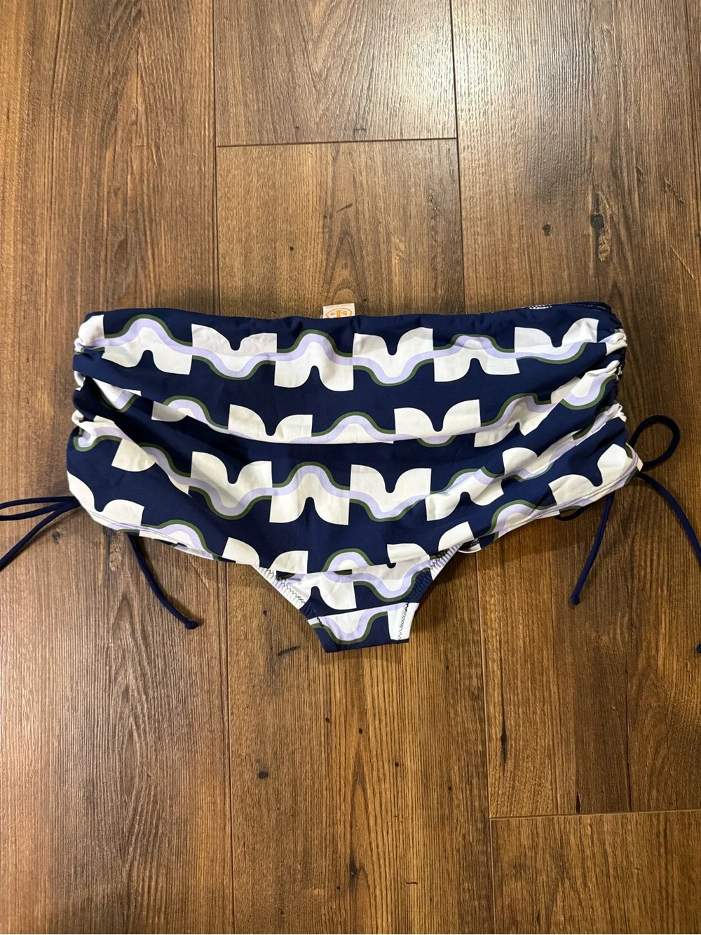 Tory Burch Women’s Ruched Side Tie Swim Bottoms Blue Print Size Large L/G